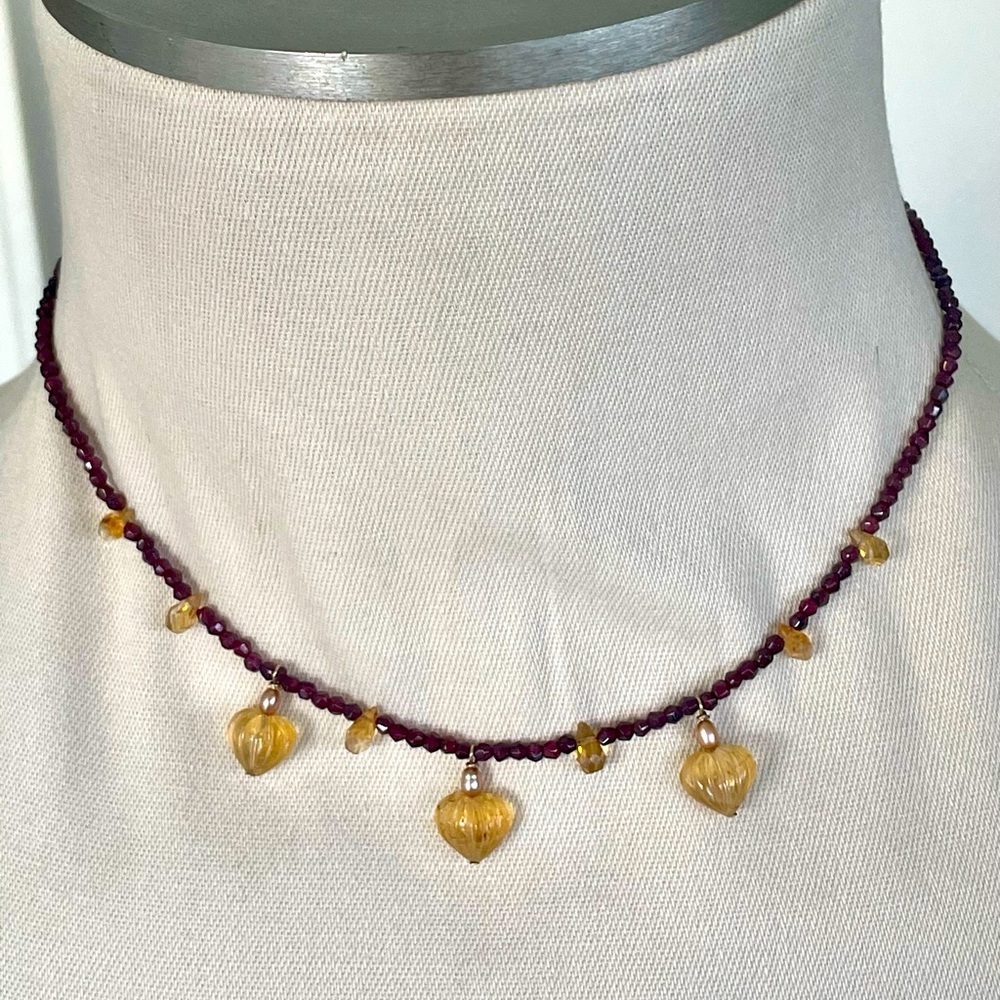 Garnet and Golden Topaz Heart Drop Necklace one of a Kind   NWT